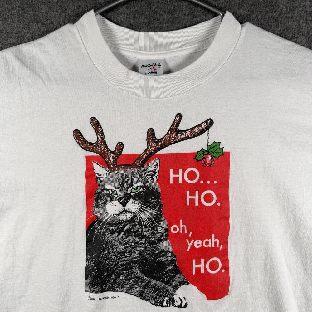 Vintage Cat Tee Shirt Adult XL Painted Lady USA Christmas HOHO Oh Yeah Ho 1991